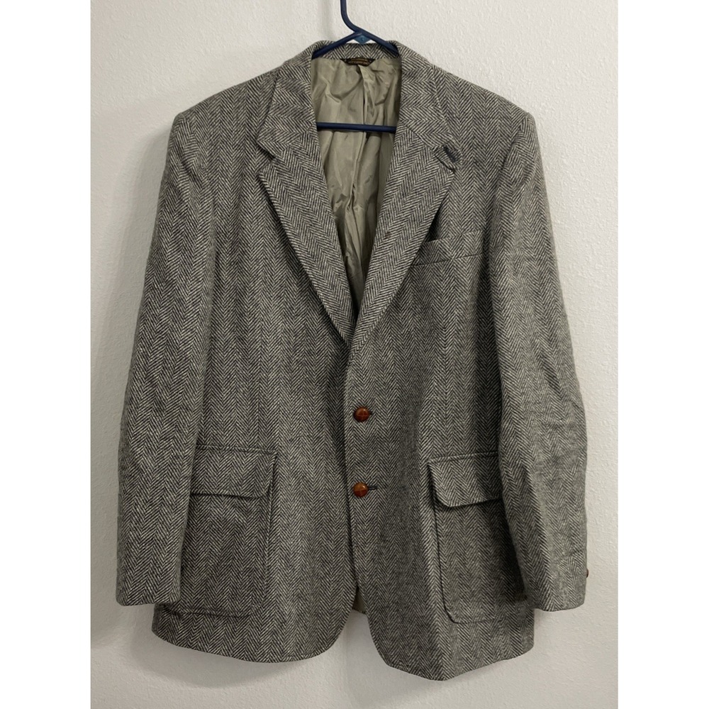 Vintage Levis Panatela Preferred Herringbone Blazer Elbow Patches 44L 70s Grey